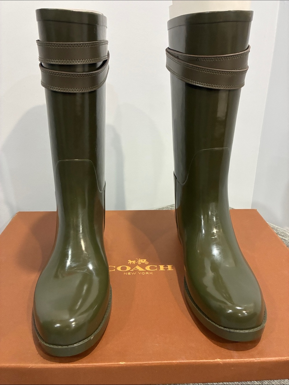 Coach Glossy Olive Green Knee-High Rain Boots with Strap Detail